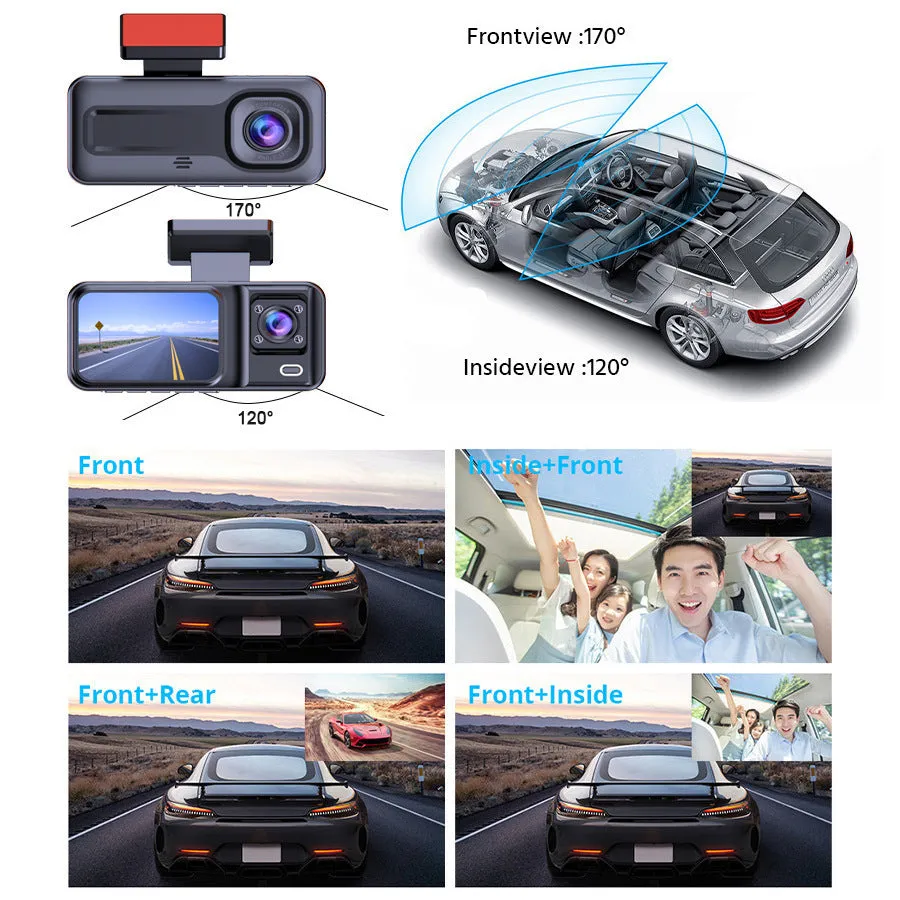 1080P Triple Lens Dash Cam with IR Night Vision, WDR, Parking Monitor