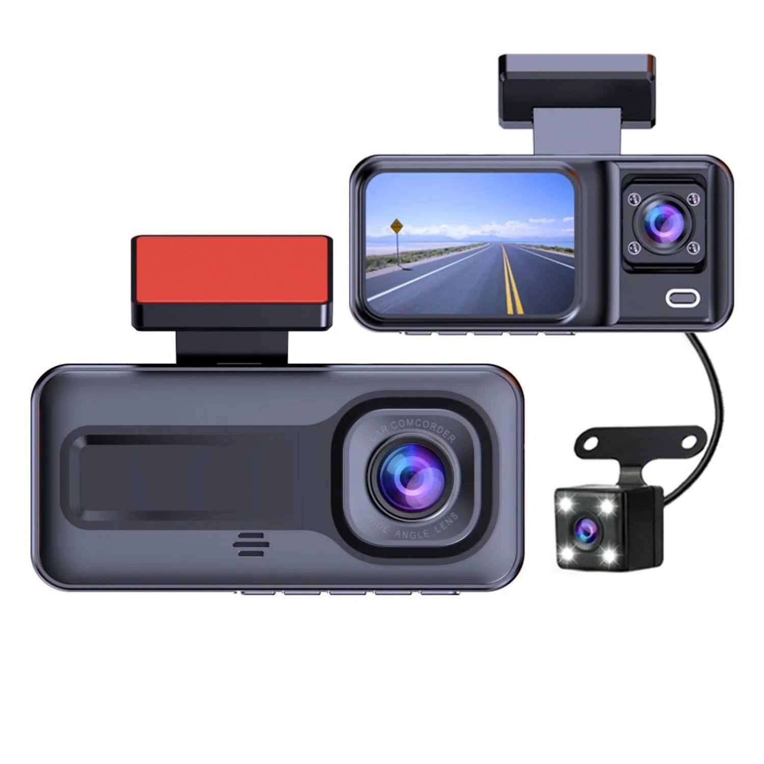 1080P Triple Lens Dash Cam with IR Night Vision, WDR, Parking Monitor