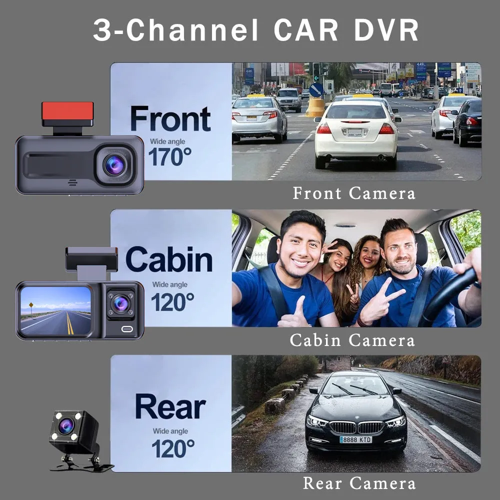 1080P Triple Lens Dash Cam with IR Night Vision, WDR, Parking Monitor