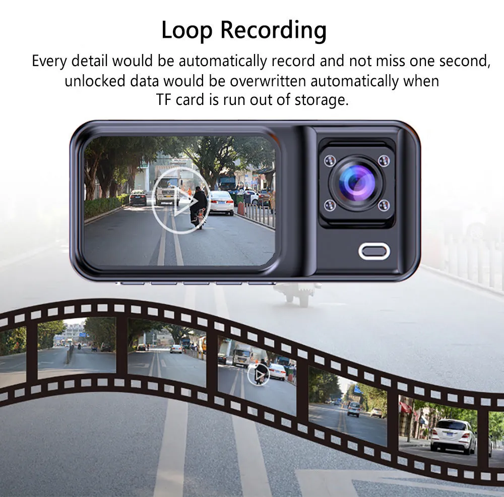 1080P Triple Lens Dash Cam with IR Night Vision, WDR, Parking Monitor