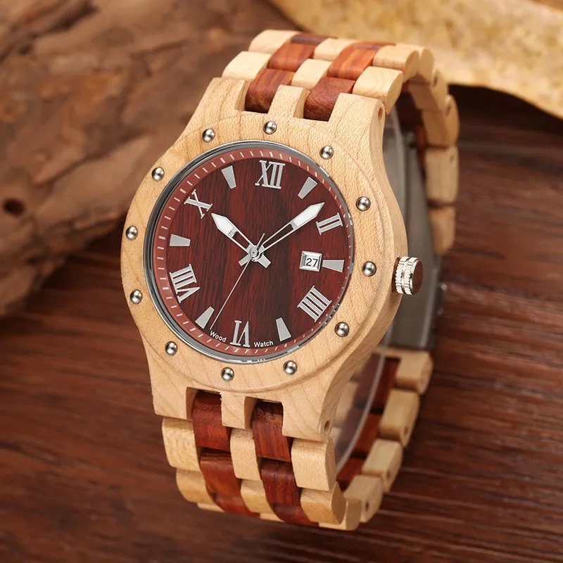 2017 Luxury Brand Natural Wooden Men Quartz Watch with Wood Band Calendar Analog Wrist Watches for Men's Gift Reloj Hmbre