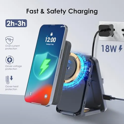 3 in 1 Wireless Charging Station for Magsafe Charger Stand, KIXUNY Wireless Charger 3 in 1, Foldable Travel Charger 3 in 1 for iPhone15/14/13/12 and Apple Watch/AirPods/(Adapter Included)