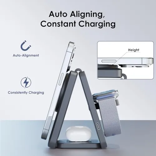 3 in 1 Wireless Charging Station for Magsafe Charger Stand, KIXUNY Wireless Charger 3 in 1, Foldable Travel Charger 3 in 1 for iPhone15/14/13/12 and Apple Watch/AirPods/(Adapter Included)