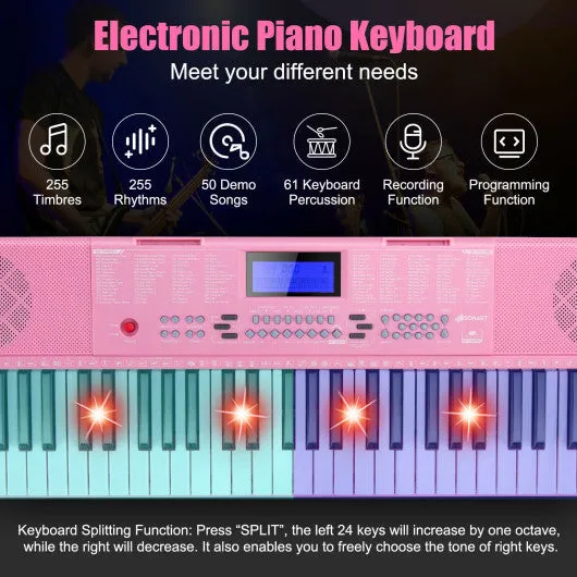 61-Key Electric Piano Keyboard for Beginner-Pink