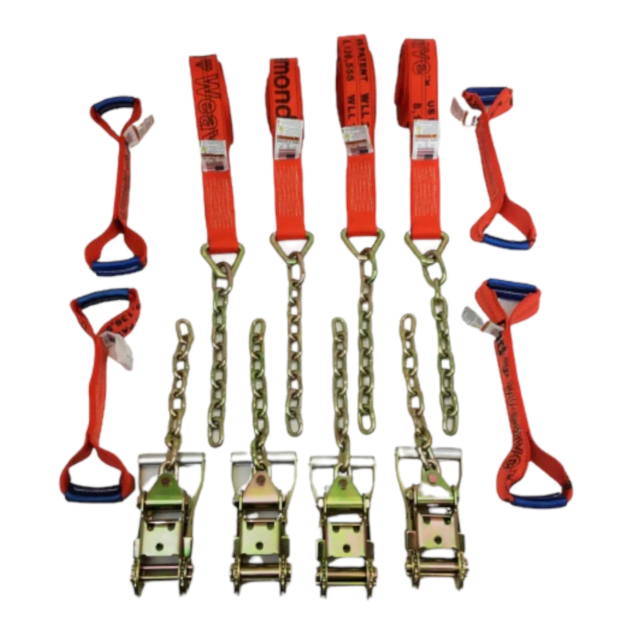 8 Point DiamondWeave™  14 Ft Strap Kit for Rollback/Flatbed Tie Downs with 12" Chain Tail | COLOR OPTIONS