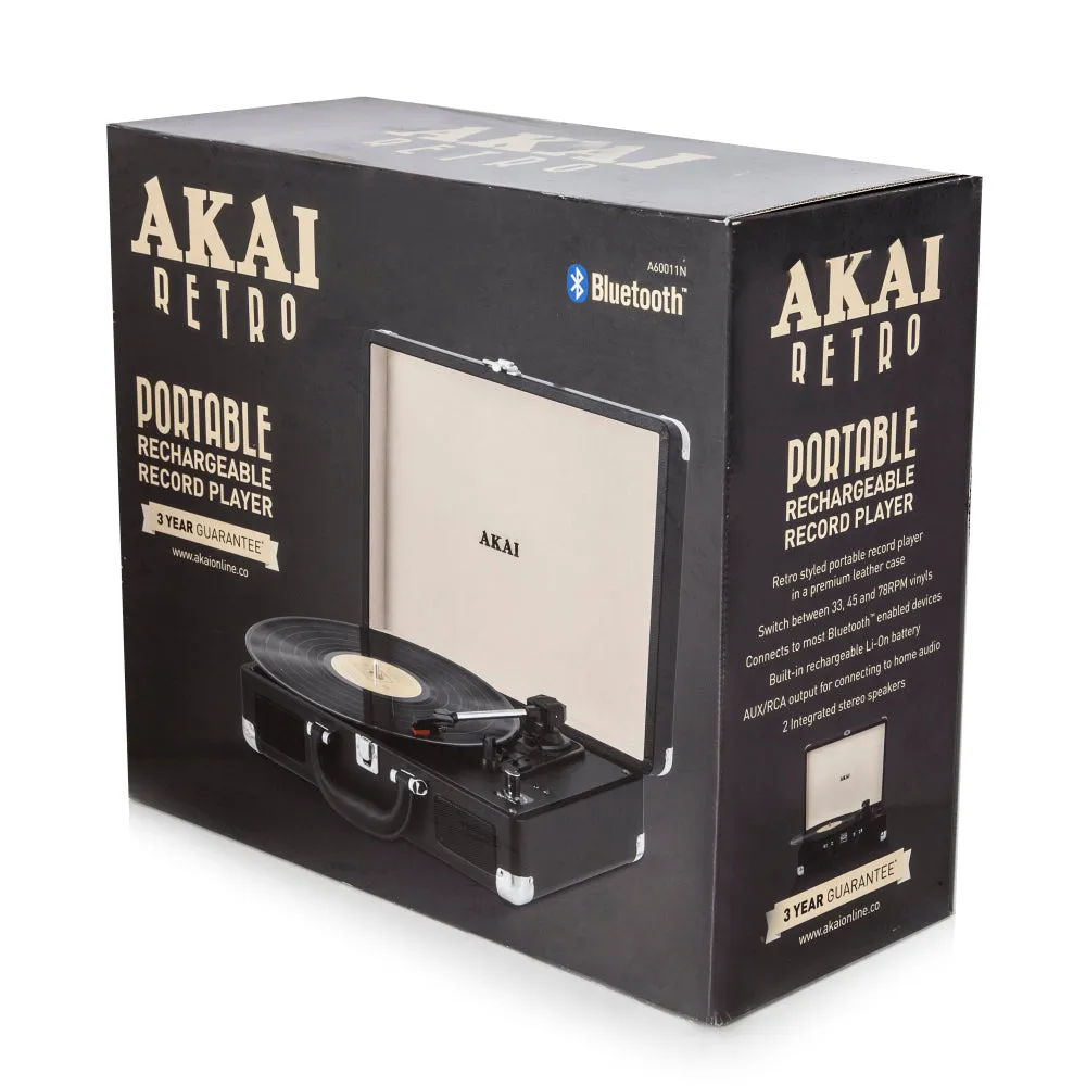 Akai Retro Bluetooth Rechargeable Turntable in Faux Leather Case Black