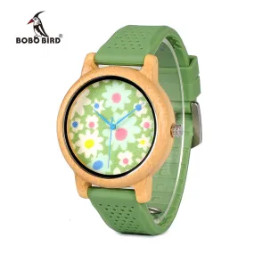 BOBO BIRD WB04 Fashion Causal Bamboo Watch with Fabric Dial Ladies' Wood Watches With Soft Silicone Straps Quartz Watch With Box