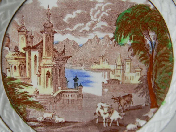 Brown Polychrome Transferware Charger Platter Serving Tray Grazing Cattle Sheep Castle with Embossed Border