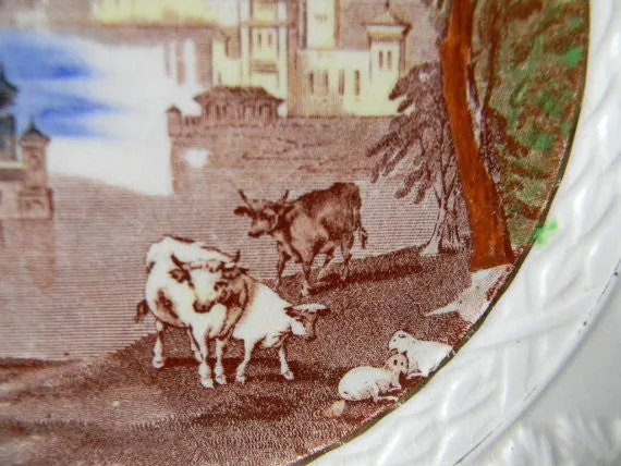 Brown Polychrome Transferware Charger Platter Serving Tray Grazing Cattle Sheep Castle with Embossed Border