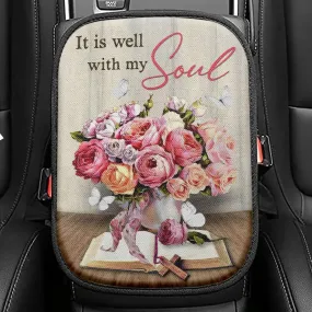 Christian It Is Well With My Soul Roses With Old Bible Book Seat Box Cover, Bible Verse Car Center Console Cover, Scripture Interior Car Accessories