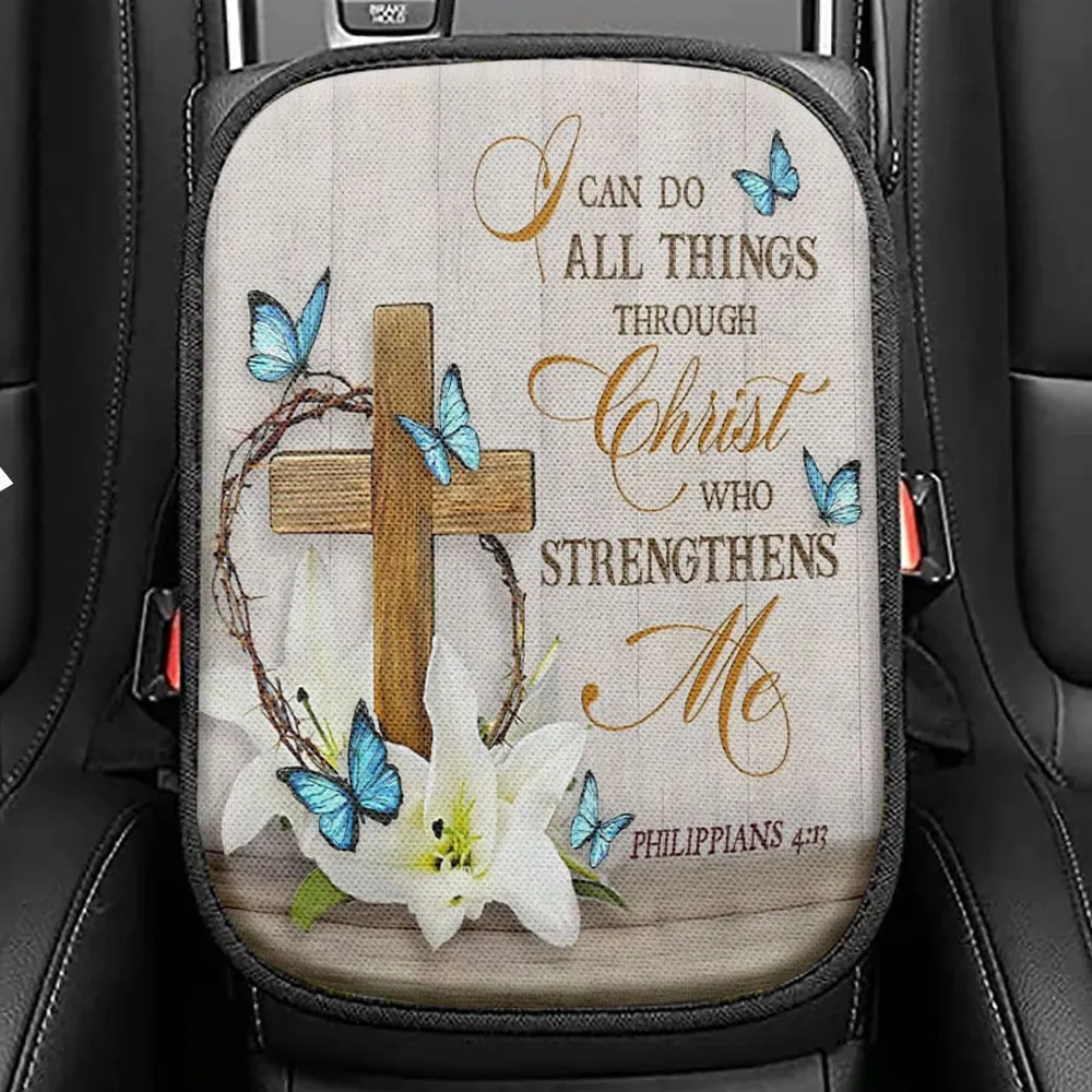 Christian Philippians 413 Nkjv Wooden Cross Lily Flower Butterflies Seat Box Cover, Bible Car Center Console Cover, Scripture Interior Car Accessories