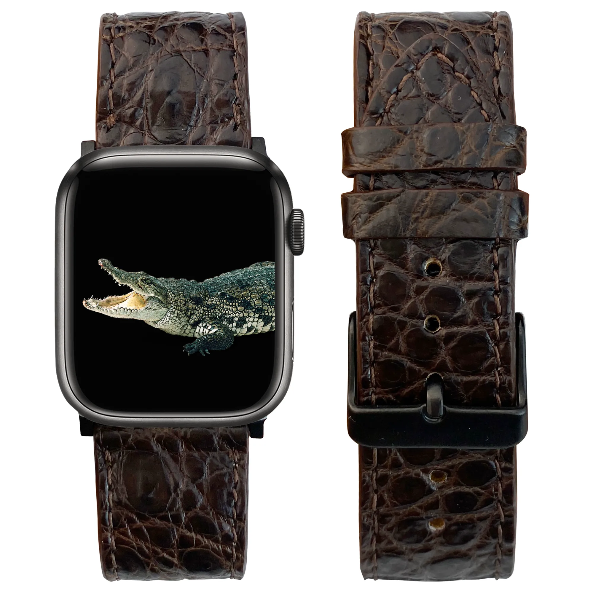 Dark Brown Flat Alligator Leather Strap For Apple Watch Ultra Series 8 7 6 5 4 3 SE | AW-23