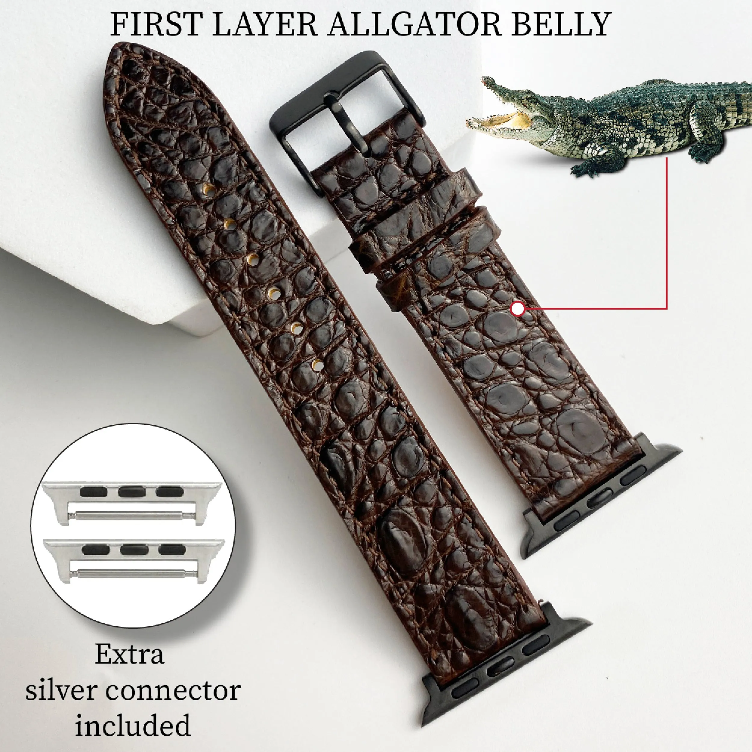 Dark Brown Flat Alligator Leather Strap For Apple Watch Ultra Series 8 7 6 5 4 3 SE | AW-23