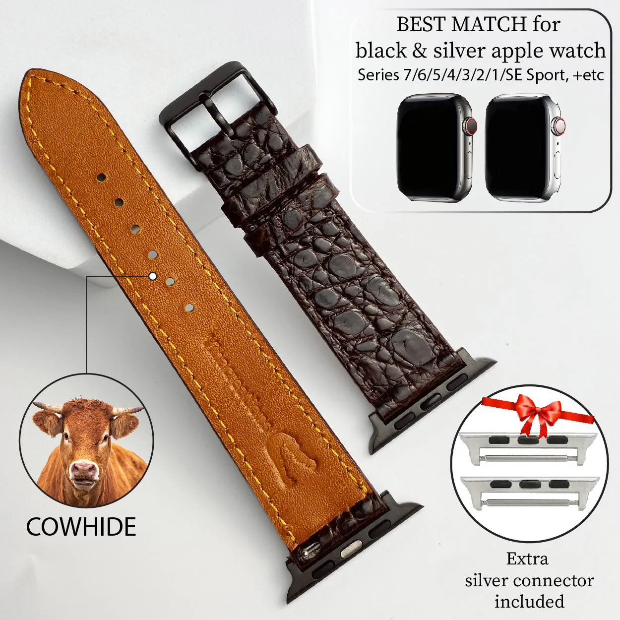 Dark Brown Flat Alligator Leather Strap For Apple Watch Ultra Series 8 7 6 5 4 3 SE | AW-23