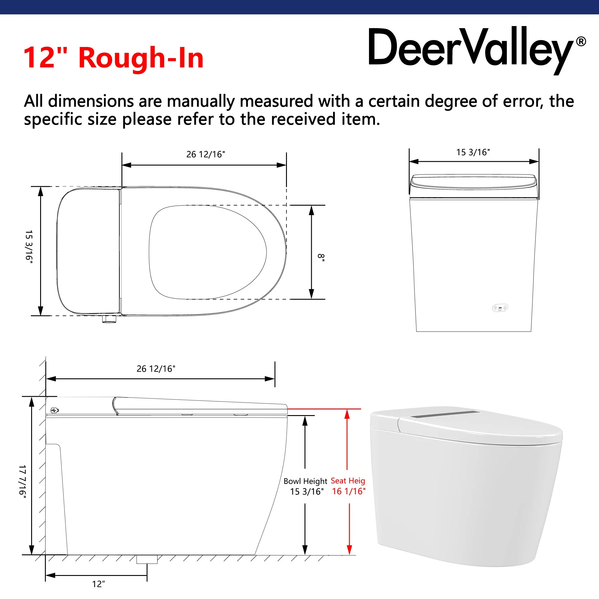 DeerValley DV-1S0159/0159-V1 Smart Bidet Toilet,Auto Flush, Heated Seat, Tankless One-Piece Bidet Toilets for Bathrooms