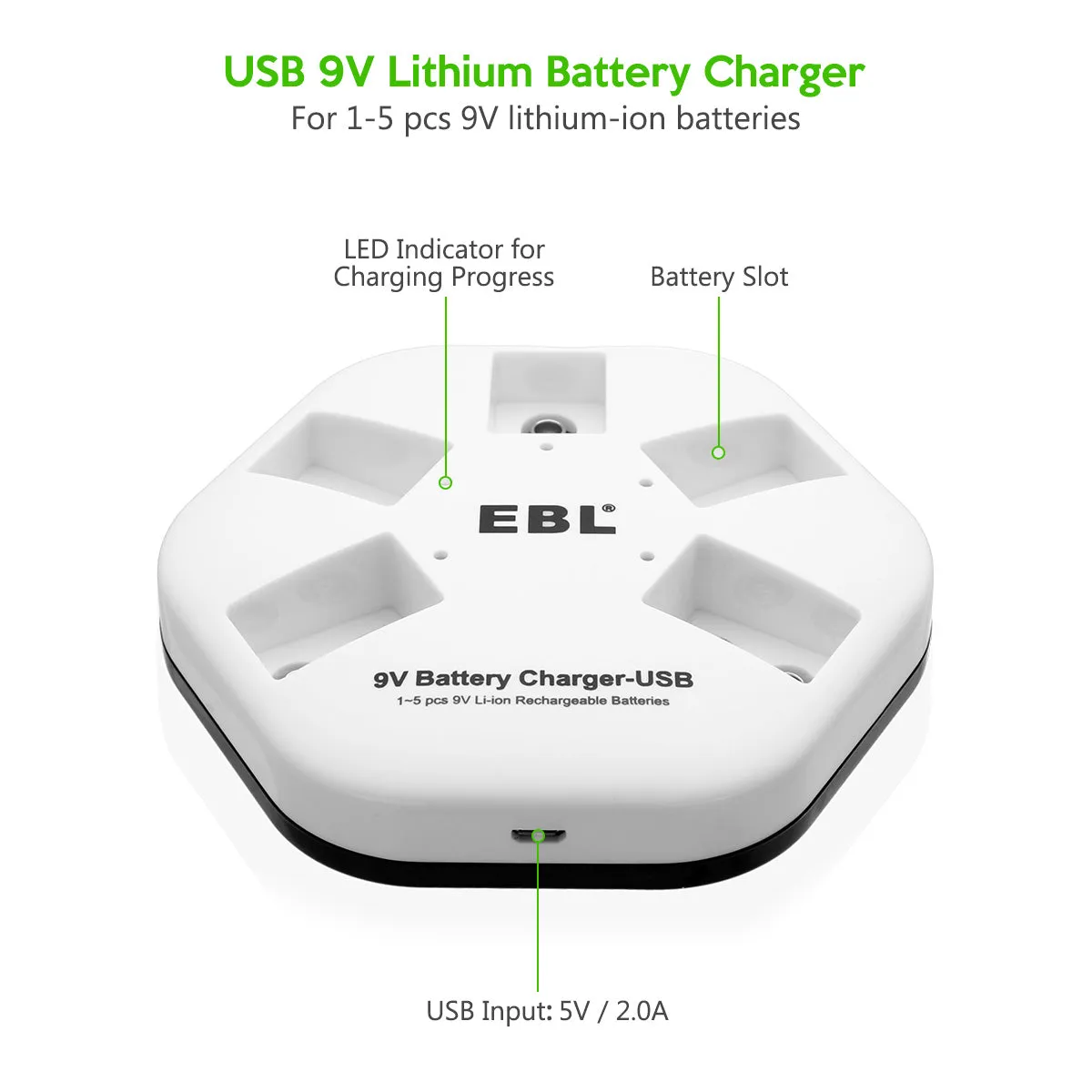 EBL 5 Packs 9V Li-ion Batteries with 5 Bay 9V Battery Charger