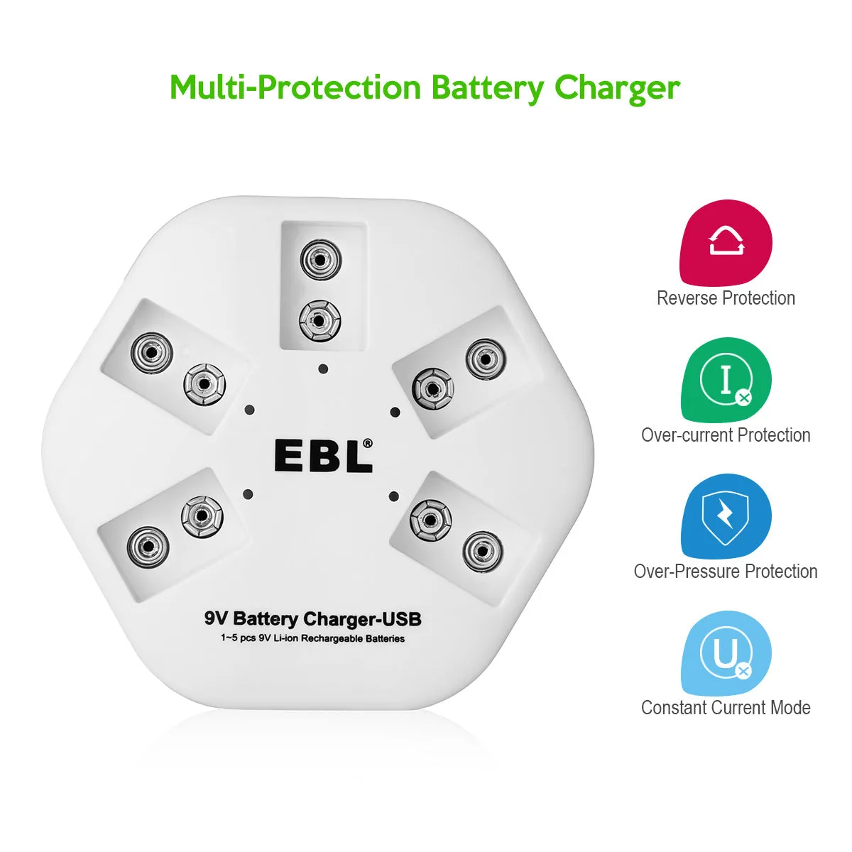 EBL 5 Packs 9V Li-ion Batteries with 5 Bay 9V Battery Charger