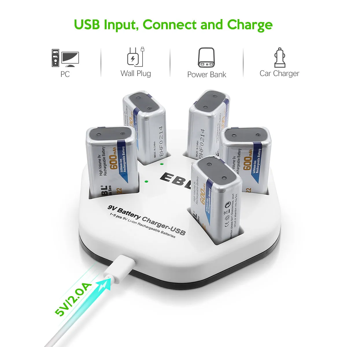 EBL 5 Packs 9V Li-ion Batteries with 5 Bay 9V Battery Charger