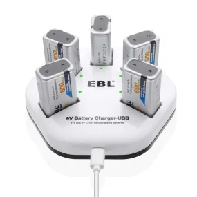 EBL 5 Packs 9V Li-ion Batteries with 5 Bay 9V Battery Charger