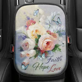 Faith Hope Love Butterfly Roses Christian Seat Box Cover, Bible Verse Car Center Console Cover, Scripture Interior Car Accessories