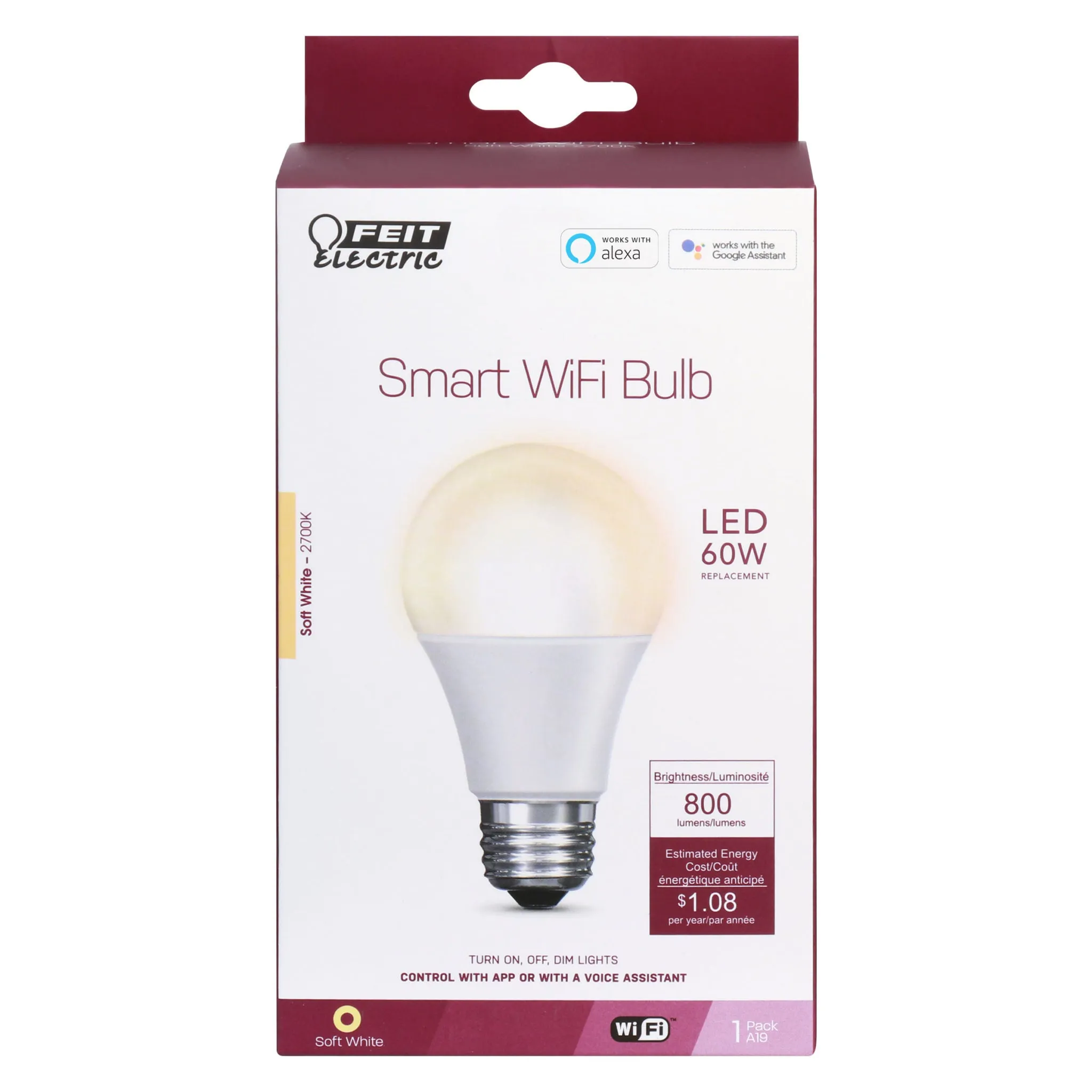 Feit Electric OM60/927CA/AG Smart WiFi LED Bulb, Soft White, 800 Lum, 2700K, 9W