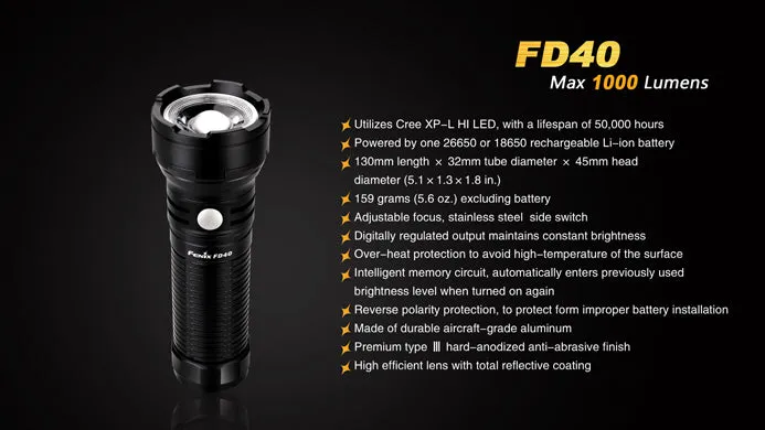 Fenix FD40 1x 18650 / 1x 26650 1000 Lumens CREE XP-L HI LED Flashlight