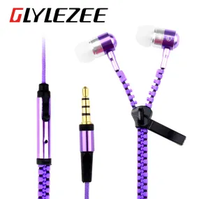 Glylezee S3 Zipper Earphone in-Ear Metal Bass MP3 Music 3.5mm with Microphone Stereo Cellphone Earpieces for Smart Phone