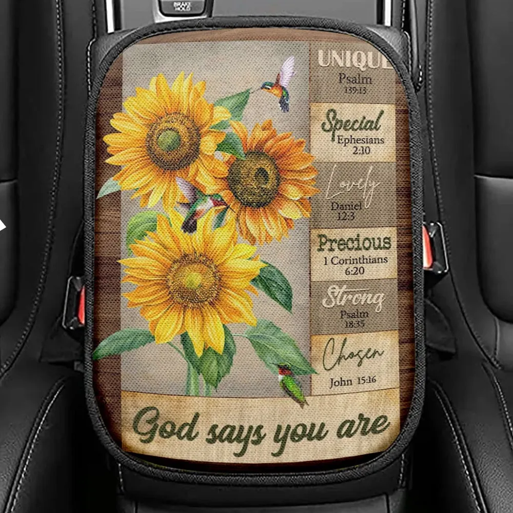 God Says You Are Hummingbird Sunflower Christian Seat Box Cover, Bible Verse Car Center Console Cover, Scripture Interior Car Accessories