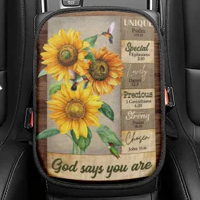 God Says You Are Hummingbird Sunflower Christian Seat Box Cover, Bible Verse Car Center Console Cover, Scripture Interior Car Accessories