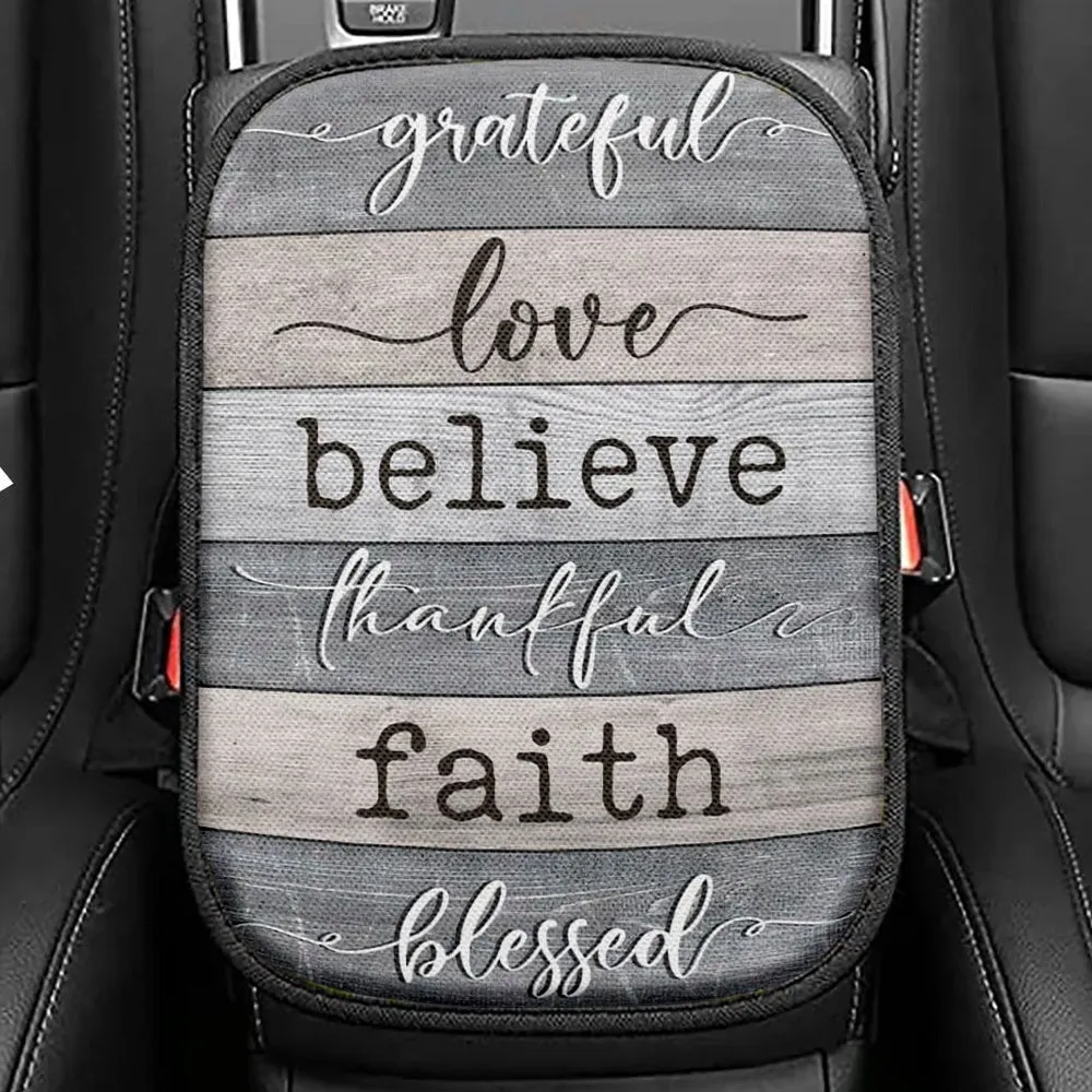 Grateful Love Believe Thankful Faith Blessed Seat Box Cover, Bible Verse Car Center Console Cover, Scripture Interior Car Accessories