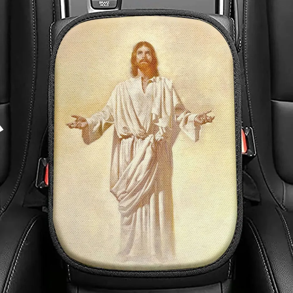 Jesus God With Open Arms Seat Box Cover, Christian Car Center Console Cover, Jesus Interior Car Accessories