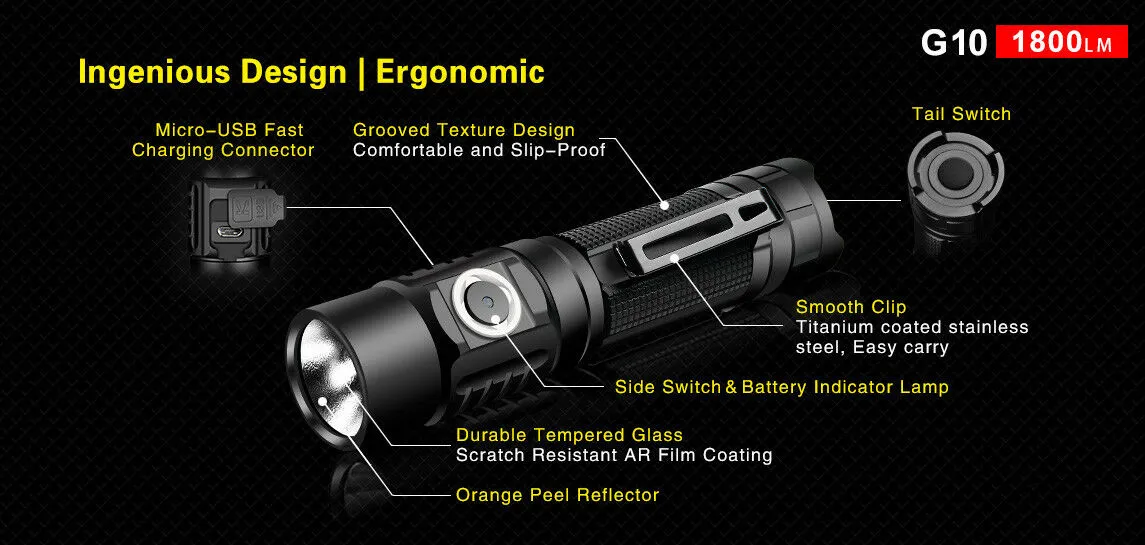 Klarus G10 1800 Lumen Tactical Flashlight Super-bright Light USB Rechargeable