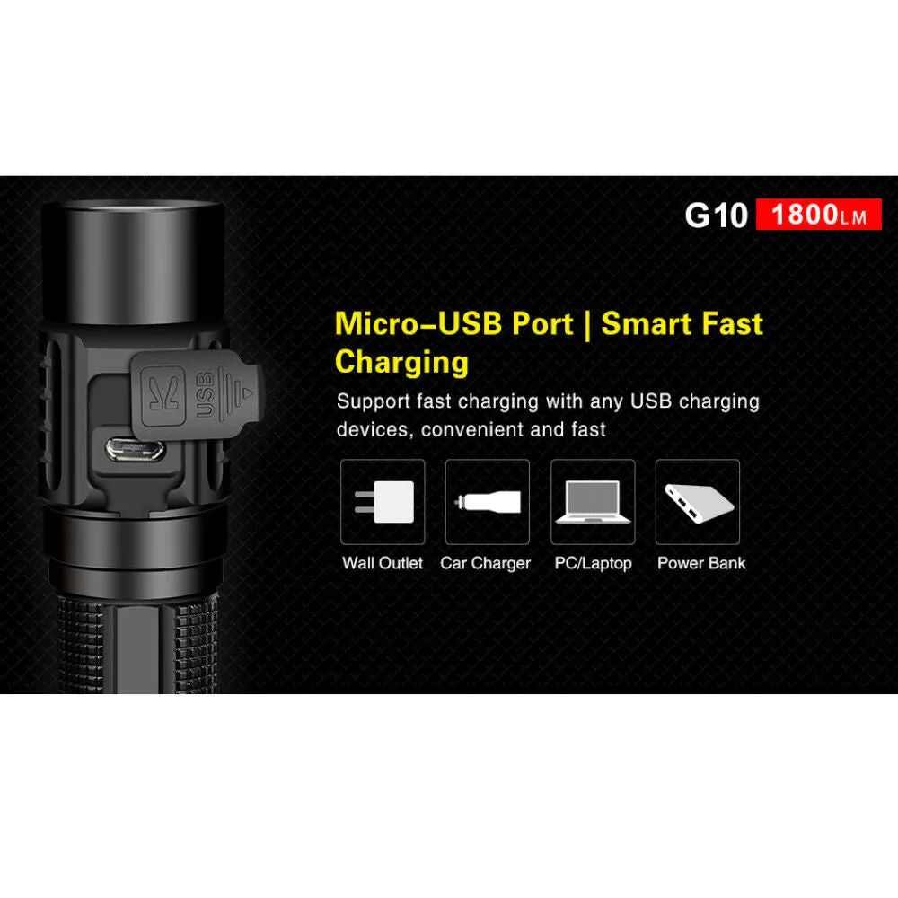 Klarus G10 1800 Lumen Tactical Flashlight Super-bright Light USB Rechargeable