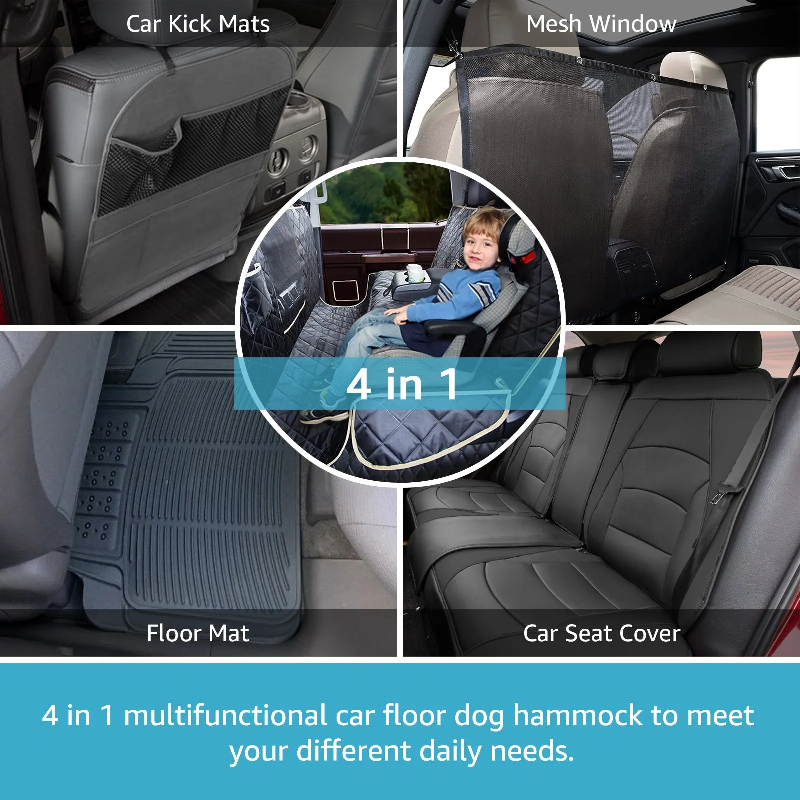 Lassie 4 in 1 Floor Dog Hammock for Universal Size,100% Waterproof Backseat Cover Dog Car Seat Covers for Back Seat with Mesh Window for Sedans, Bench Protector for Cars, SUVs and Trucks etc