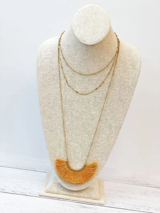 Layered Fringe Long Necklace - Mustard