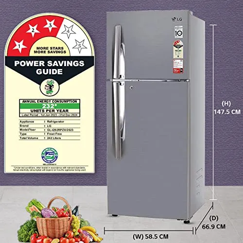 LG 242 L 3 Star Smart Inverter Frost-Free Double Door Refrigerator (GL-I292RPZX, Shiny Steel, Door Cooling )