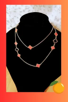 Long Small Clovers Chain Necklace 36" - Coral Gold