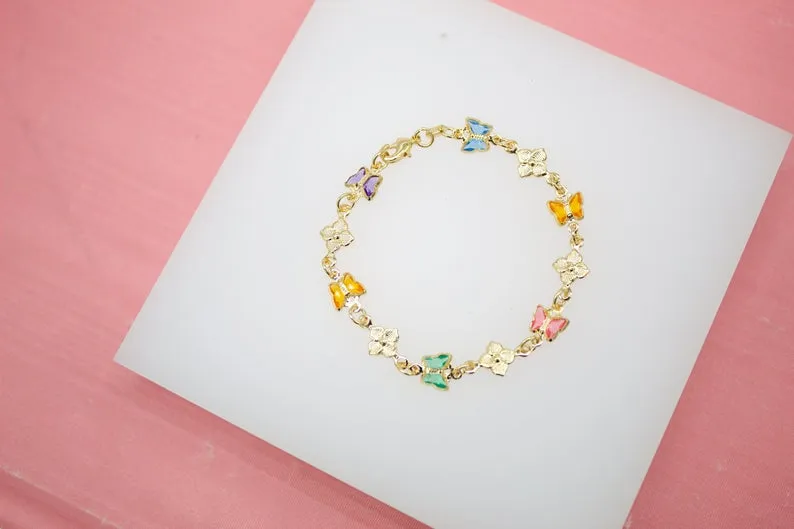 Multi-Color Butterfly Dainty Charm Bracelet With Flower Charms (I211)