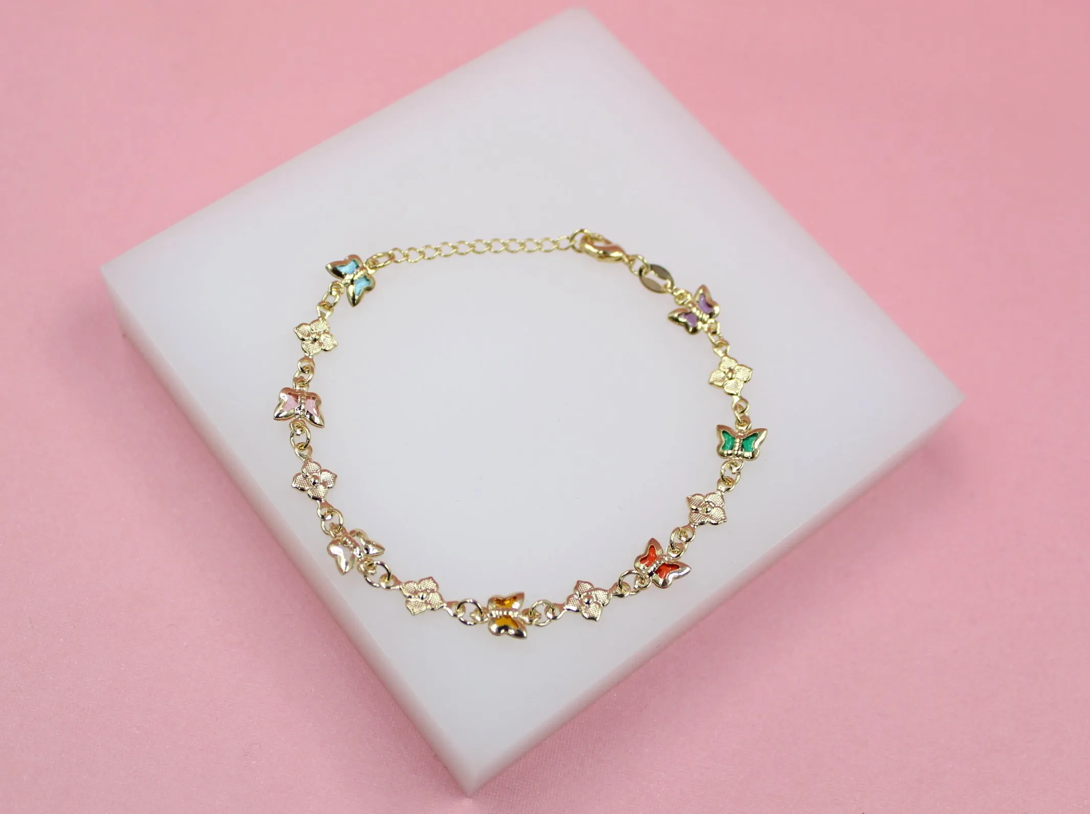 Multi-Color Butterfly Dainty Charm Bracelet With Flower Charms (I211)