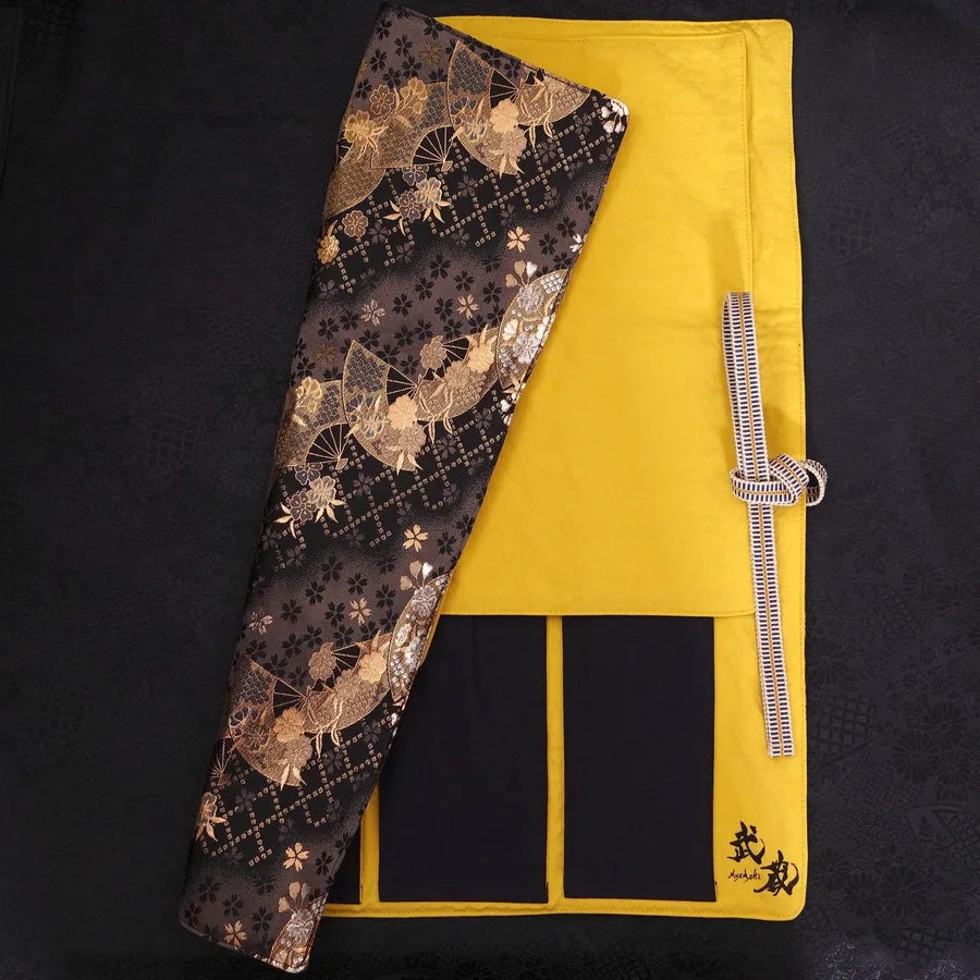 Musashi Japanese Style Kitchen Knife Roll Gold Sakura&Fan 4 Pockets Handmade