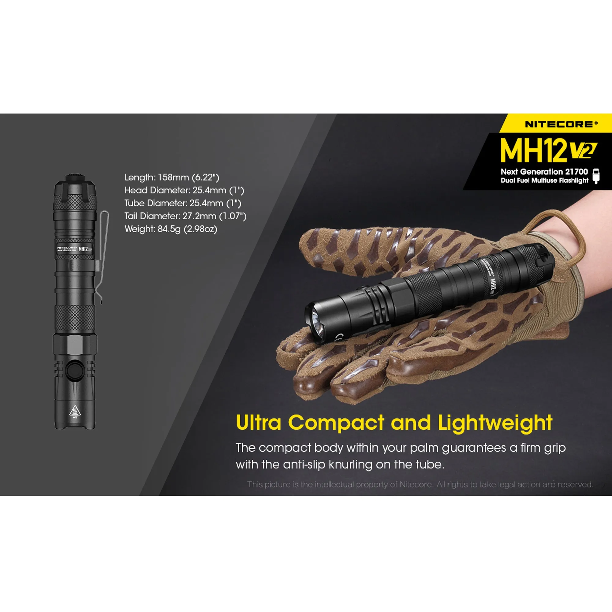 NITECORE MH12 v2 1200 Lumen USB-C Rechargeable Flashlight with 5000mAh Battery