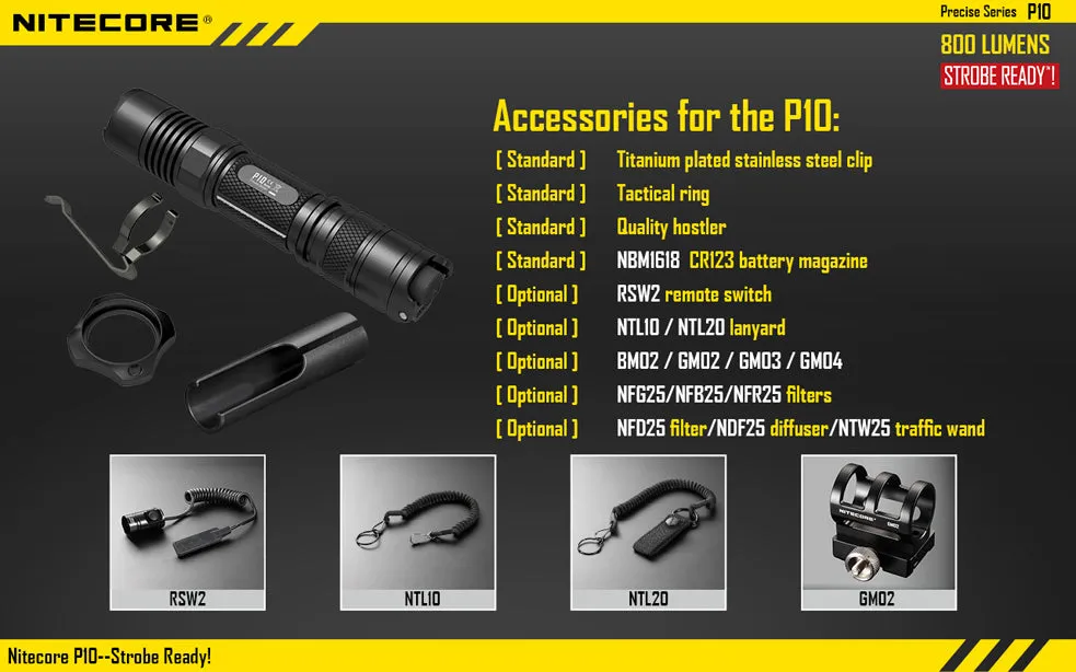 Nitecore P10 Precise Series 1 x 18650 / 2 x CR123A CREE XM-L2 T6 800 Lumen LED Flashlight