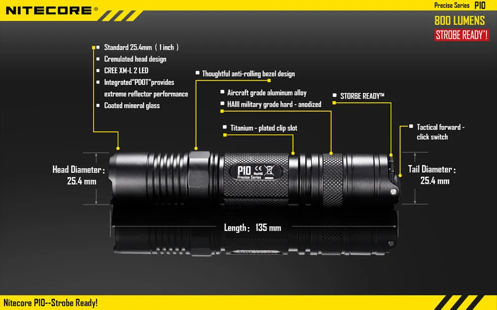 Nitecore P10 Precise Series 1 x 18650 / 2 x CR123A CREE XM-L2 T6 800 Lumen LED Flashlight