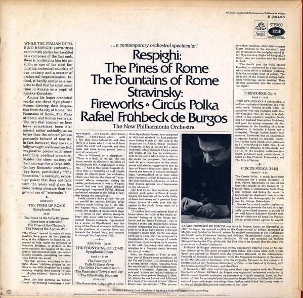 Ottorino Respighi, Igor Stravinsky - Respighi: The Pines of Rome; The Fountains of Rome; Stravinsky: Fireworks; Circus Polka - LP