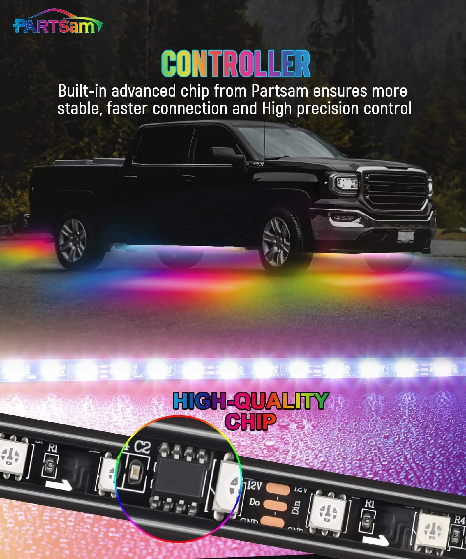 Partsam Car Underglow Neon Accent Strip Lights with Remote & APP Control Music Modes, Scene Options, Mic, DIY Remote Control Underbody Light Strips Adapter for Vehicle SUV Truck - 4 in 1