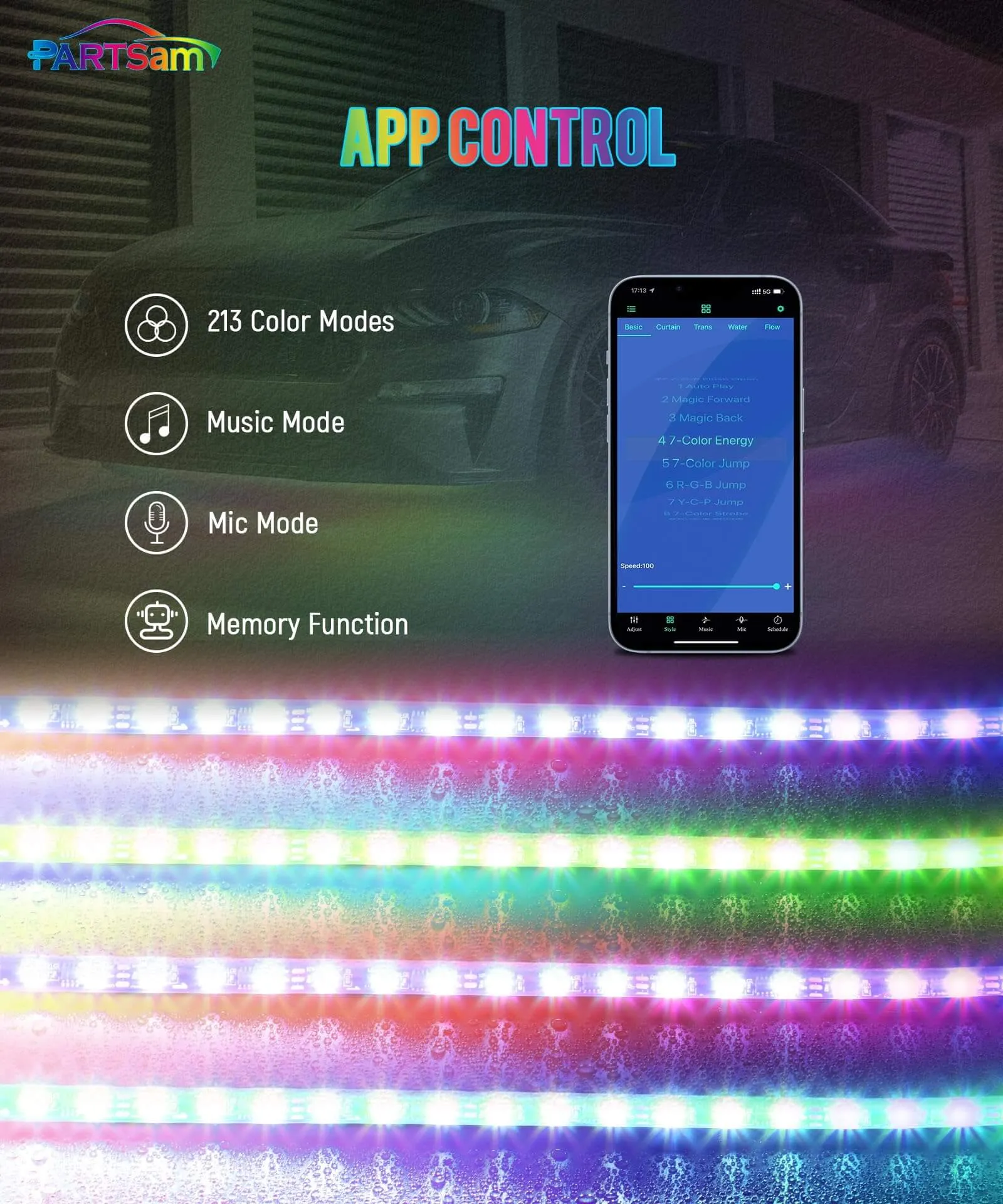 Partsam Car Underglow Neon Accent Strip Lights with Remote & APP Control Music Modes, Scene Options, Mic, DIY Remote Control Underbody Light Strips Adapter for Vehicle SUV Truck - 4 in 1