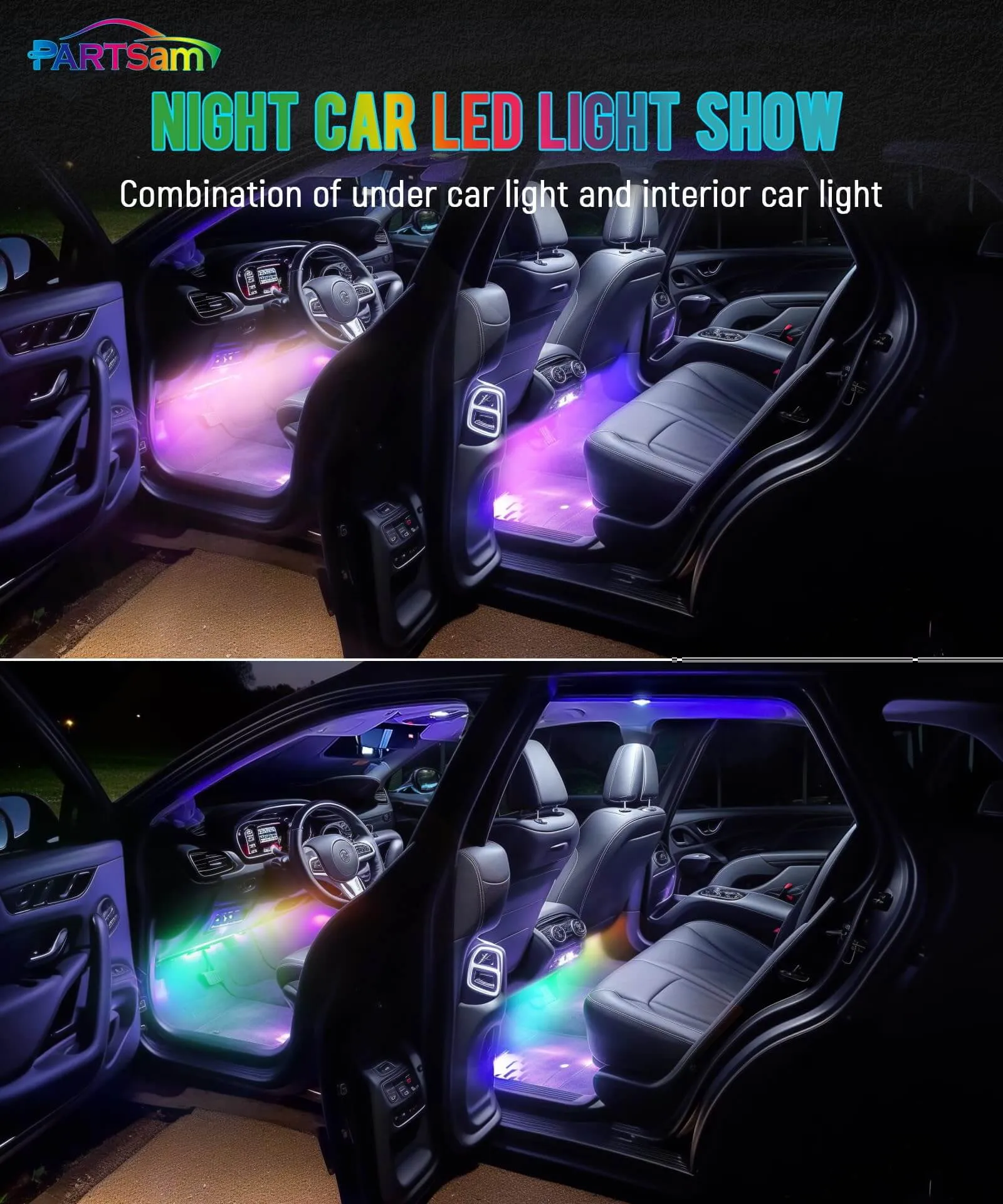 Partsam Smart RGB LED Car Interior Light Strips w/Remote & Voice Control Box, APP Control Music Modes, Scene Options, Mic, Under Dash Footwell Lights Kit w/USB Adapter for Vehicle SUV Truck - 4 in 1