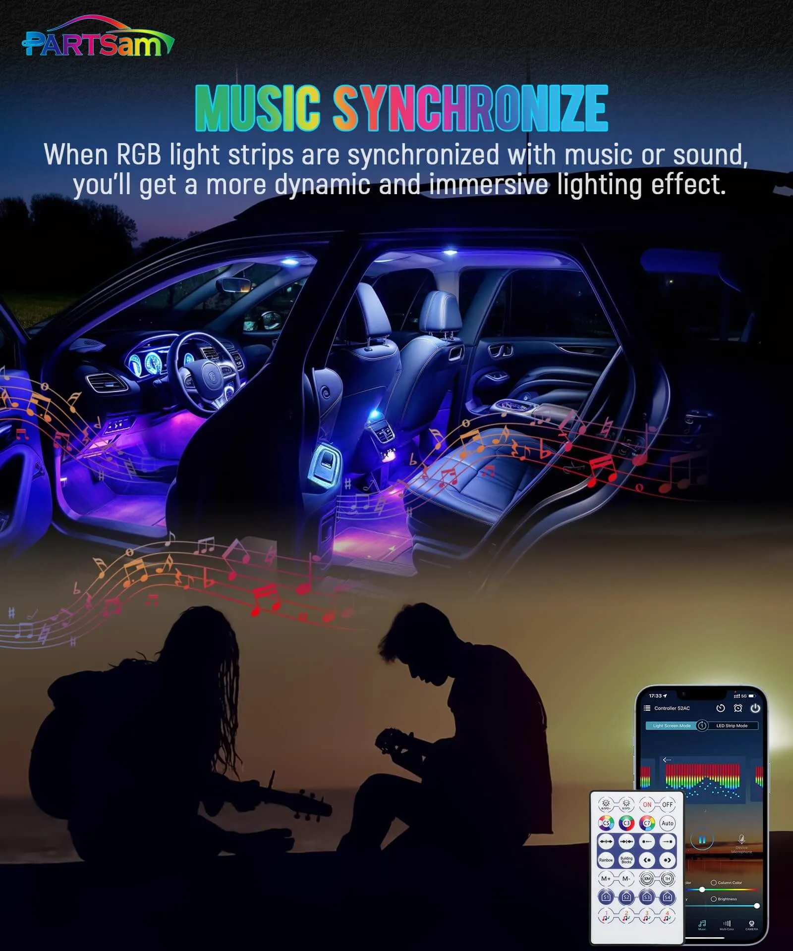 Partsam Smart RGB LED Car Interior Light Strips w/Remote & Voice Control Box, APP Control Music Modes, Scene Options, Mic, Under Dash Footwell Lights Kit w/USB Adapter for Vehicle SUV Truck - 4 in 1