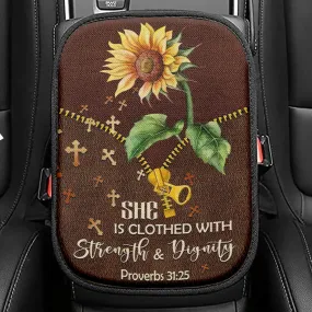 She Is Clothed With Strength And Dignity Sunflower Seat Box Cover, Bible Verse Car Center Console Cover, Scripture Interior Car Accessories