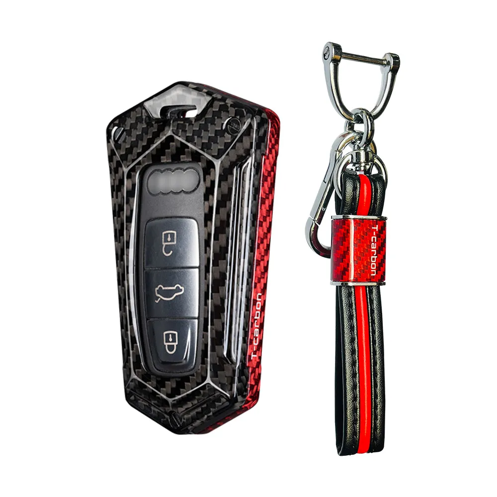 T-carbon genuine carbon fibre key cover and keychain Compatible for A6, A6L, A7, E-Tron, A8, Q8 2019-2022 smart key (TCarbon82)